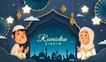 Ramadan Kareem classic blue Islamic festival background with Muslim prayer at Mosque window and islamic decorations