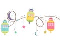 Ramadan Kareem With Colorful Lamps, Crescents And Stars. Traditional Lantern Of Ramadan Vector Background