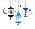 Ramadan Kareem with colorful Lamps, Crescents and Stars. Traditional lantern of Ramadan vector background Royalty Free Stock Photo