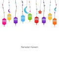 Ramadan Kareem with colorful Lamps, Crescents and Stars.