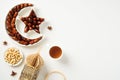 Ramadan Kareem concept. Crescent and star plate with dried dates, arabic lantern, nuts, rosary breads on white backgroud Royalty Free Stock Photo