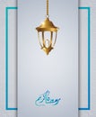 Ramadan Kareem concept horizontal banner with islamic geometric patterns.hanging lanterns, and Arabic patterns on a gray Royalty Free Stock Photo