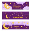 Ramadan Kareem concept horizontal banners with cute cartoon lantern, moon, stars and clouds on violet background Royalty Free Stock Photo