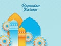 Ramadan Kareem Concept With Mandala, Paper Style Mosque Minarets On Blue And Orange Moroccan Pattern