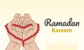 Ramadan kareem concept. Muslim hands holding prayer beads for dhikr and and pray to god. Vector illustration