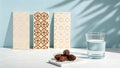 Ramadan kareem copyspace with dates and water on a minimalistic table with decorative boxes Royalty Free Stock Photo