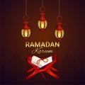 Ramadan kareem creative islamic festival with holy book kuran and arabic lantern