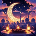 Ramadan Kareem Crescent Moon with Mosque, Lanterns and Dates Royalty Free Stock Photo
