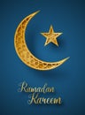 Ramadan Kareem 3d abstract paper cut illustration. Golden moon and star with islamic geometric pattern. Greeting card