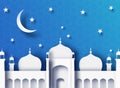 Ramadan Kareem 3d abstract paper cut illustration. Islamic mosque and blue sky.