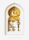 Ramadan Kareem 3d Abstract Paper Cut Illustration. Window With Islamic Mosque. Moon And Gold Sky.