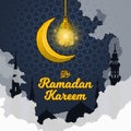 Ramadan Kareem in 3D Cartoon Word with Silhouette of Prophet Muhammad`s Mosque, Clouds, Crescent Moon and Luminous Lantern Royalty Free Stock Photo