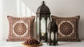 Ramadan Kareem Decoration with Traditional Arabic Lanterns, Dates Fruit, and Patterned Cushions on White Background Royalty Free Stock Photo