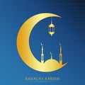 Ramadan Kareem design for Muslim feast of the holy month. Ramadan greeting card with gold mosque and half a month. Vector.