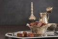 Ramadan kareem with dried dates and authentic metal zamzam water carafe