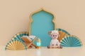 Ramadan Kareem or Eid Al Adha mubarak with cute cartoon sheep, mosque, gold lantern, holy quran and prayer beads. 3d.