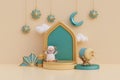 Ramadan Kareem or Eid Al Adha mubarak with cute cartoon sheep, mosque, lantern, crescent moon and bedug drum. 3d