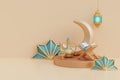 Ramadan Kareem or Eid Al Adha mubarak with gold crescent moon, lantern, coffee pot, dried dates, holy quran. 3d.