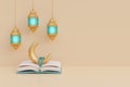 Ramadan Kareem or Eid Al Adha mubarak with Gold lantern, crescent moon, holy quran and prayer beads. Muslim Islamic festival. 3d