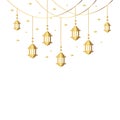 Ramadan Kareem and Eid Mubarak Arabian lanterns lamps for Muslim Islam holiday greeting card with gold stars. Gold golden color