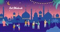 Ramadan Kareem, Eid mubarak, greeting card and banner with many people, giving gifts, food. Islamic holiday background