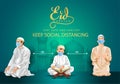 Ramadan Kareem and Eid Mubarak greetings. Islamic people keep social distancing vector illustration design. covid-19, corona virus