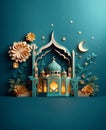 Ramadan Kareem and Eid Mubarak paper cut style with lantern on green color background.