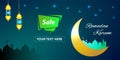 Ramadan Kareem festive background with moon and stars. Festival time sale offer template banner for website