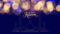 Ramadan Kareem festive banner. Hand lettering, gold colored mosque and blurred bokeh lights.