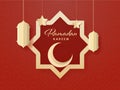 Ramadan Kareem Font with Crescent Moon at Rub El Hizb Frame, Hanging Paper Cut Lanterns Hang and Stars on Red Islamic Royalty Free Stock Photo