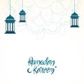 Ramadan Kareem Font With Crescent Moon, Star And Hanging Lanterns Decorated On White Half Mandala