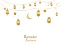 Ramadan Kareem gold colored with lamps, crescents and stars. Traditional lantern of Ramadan greeting card