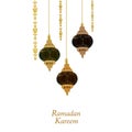 Ramadan Kareem gold decorative hanging fancy lamps, crescents and stars. Traditional lantern of Ramadan greeting card Royalty Free Stock Photo