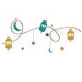 Ramadan Kareem gold and green colored with hanging lamps, crescents and stars frame