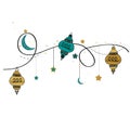 Ramadan Kareem gold and green lamps, crescent and stars