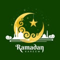 Ramadan kareem - Gold Moon and Star hang with white mosque in cloud around on green background vector design