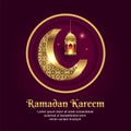 Ramadan Kareem with golden crescent moon and beautiful glowing lantern vector