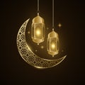 Ramadan Kareem golden lantern and moon with islamic pattern glow in the night. Eid Mubarak. Holy month for fasting Muslims.