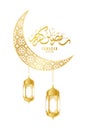 Ramadan Kareem golden lantern and moon with islamic pattern on a white background. Aid Mubarak. Holy month for fasting Muslims. Royalty Free Stock Photo