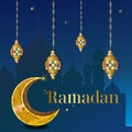 Ramadan kareem with golden luxurious crescen,template islamic ornate greeting card