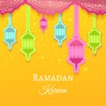 Ramadan Kareem greeting background colored arabic design patterns and lanterns, arabic lamp for promotion banner, ads