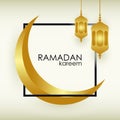 Ramadan Kareem greeting background with islamic golden moon, arabic gold lantern and frame. Design for banner, poster. Vector.