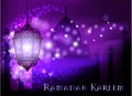 Ramadan Kareem greeting on blurred background with beautiful illuminated arabic lamp Vector illustration.