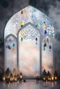Ramadan Kareem greeting card with arabic lanterns in the mosque