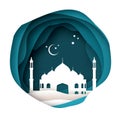 Ramadan Kareem Greeting card with arabic White Origami Mosque. Holy month of muslim. Crescent Moon. Royalty Free Stock Photo