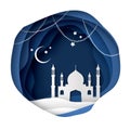 Ramadan Kareem Greeting card with arabic White Origami Mosque. Holy month of muslim. Crescent Moon. Royalty Free Stock Photo