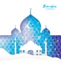 Ramadan Kareem Greeting card.. Arabic white window Mosque, desert, stars. Paper cut style. Arabesque pattern. Crescent