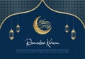 Ramadan kareem greeting card background with lanterns, moon, arab calligraphy and islamic ornaments in blue style