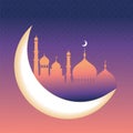 Ramadan kareem greeting card and banner. Islamic lantern on moon abd stars background. Vector illustration