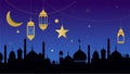 Ramadan kareem greeting card and banner. Islamic lantern on moon abd stars background. Vector illustration